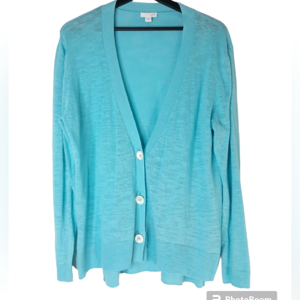 Excellent Condition Turquoise Linen & Cotton Cardigan Sweater Size Medium